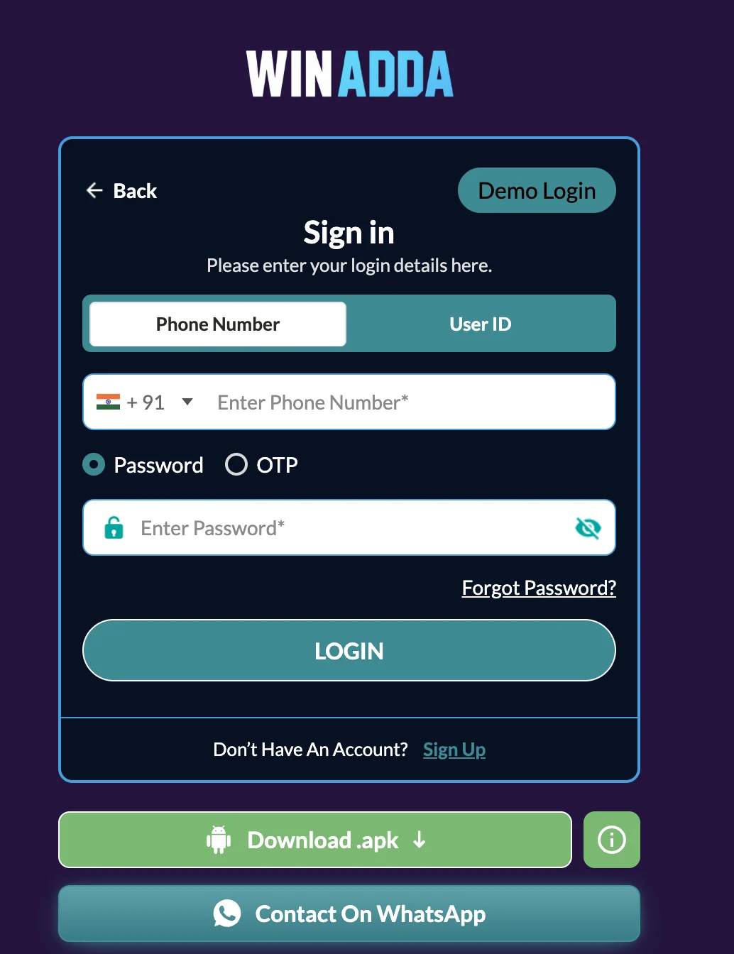 Winadda ID login with User ID and password